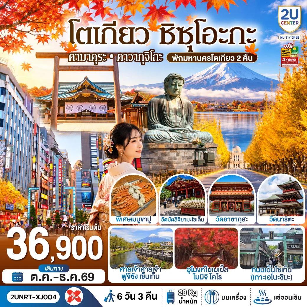 ทัวร์ญี่ปุ่น โตเกียว ชิซุโอะกะ คามาคุระ คาวากุจิโกะ พักมหานครโตเกียว 2 คืน 6 วัน 3 คืน สายการบิน ไทยแอร์เอเชีย เอ็กซ์ 6วัน 3คืน (XJ)